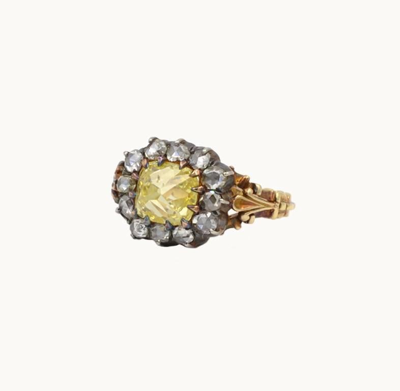 Georgian GIA Certified 2.96 Carat Fancy Intense Yellow Diamond Cluster Ring In Excellent Condition For Sale In Los Angeles, CA