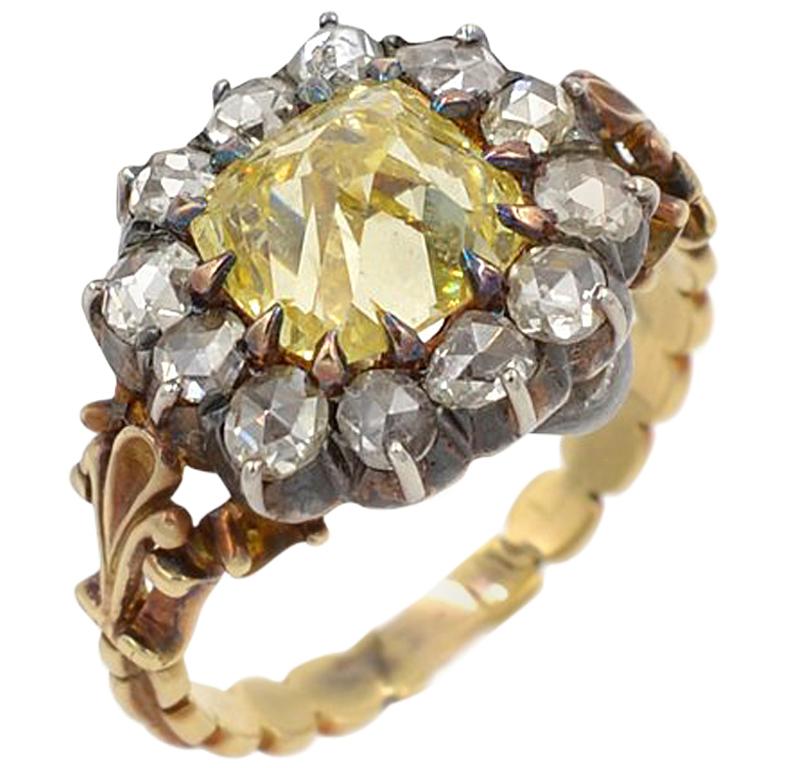 Georgian GIA Certified 2.96 Carat Fancy Intense Yellow Diamond Cluster Ring For Sale