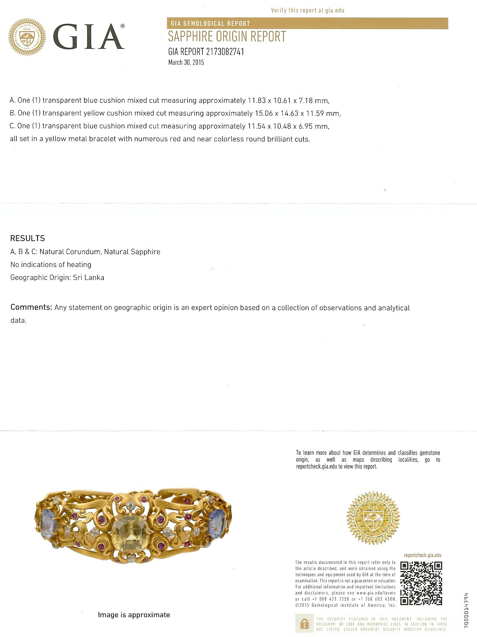 This 14 Karat Gold Georgian Style Sapphire Bracelet features three focal GIA Certified Sri Lanka mined Cushion cut Sapphires – 1 Central 15 carat Canary Yellow Sapphire & 2 Surrounding Traditional Ceylon Sapphires totaling 14 carats. Accented with a
