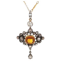 Georgian Gia Yellowish Orange 7.50 Carat Sapphire Diamond Yellow Gold Necklace