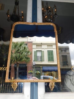 Georgian Gilt Carved Wood & Gesso Wall Mirror with Spur Bronze Sconces, C. 1720