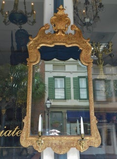 Georgian Gilt Carved Wood Swan Neck Shield Crest Girandole Wall Mirror, C. 1720