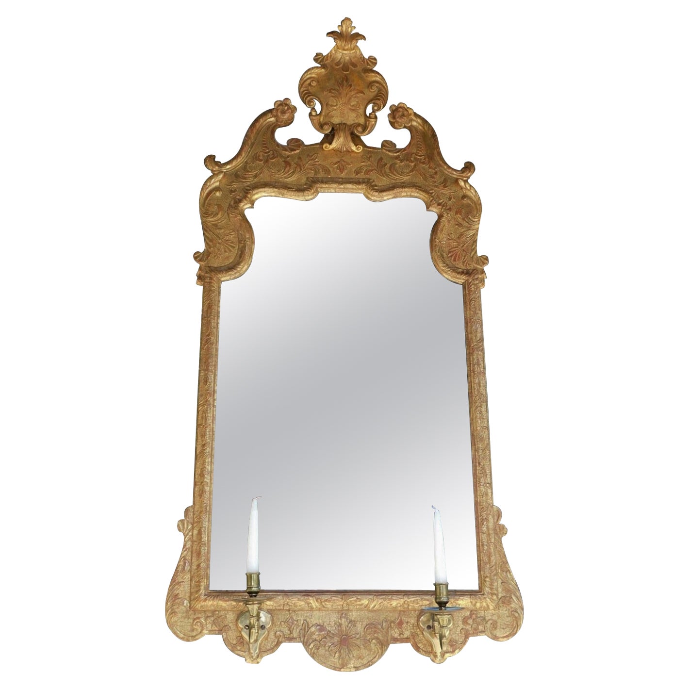 Georgian Gilt Carved Wood Swan Neck Shield Crest Girandole Wall Mirror, C. 1720