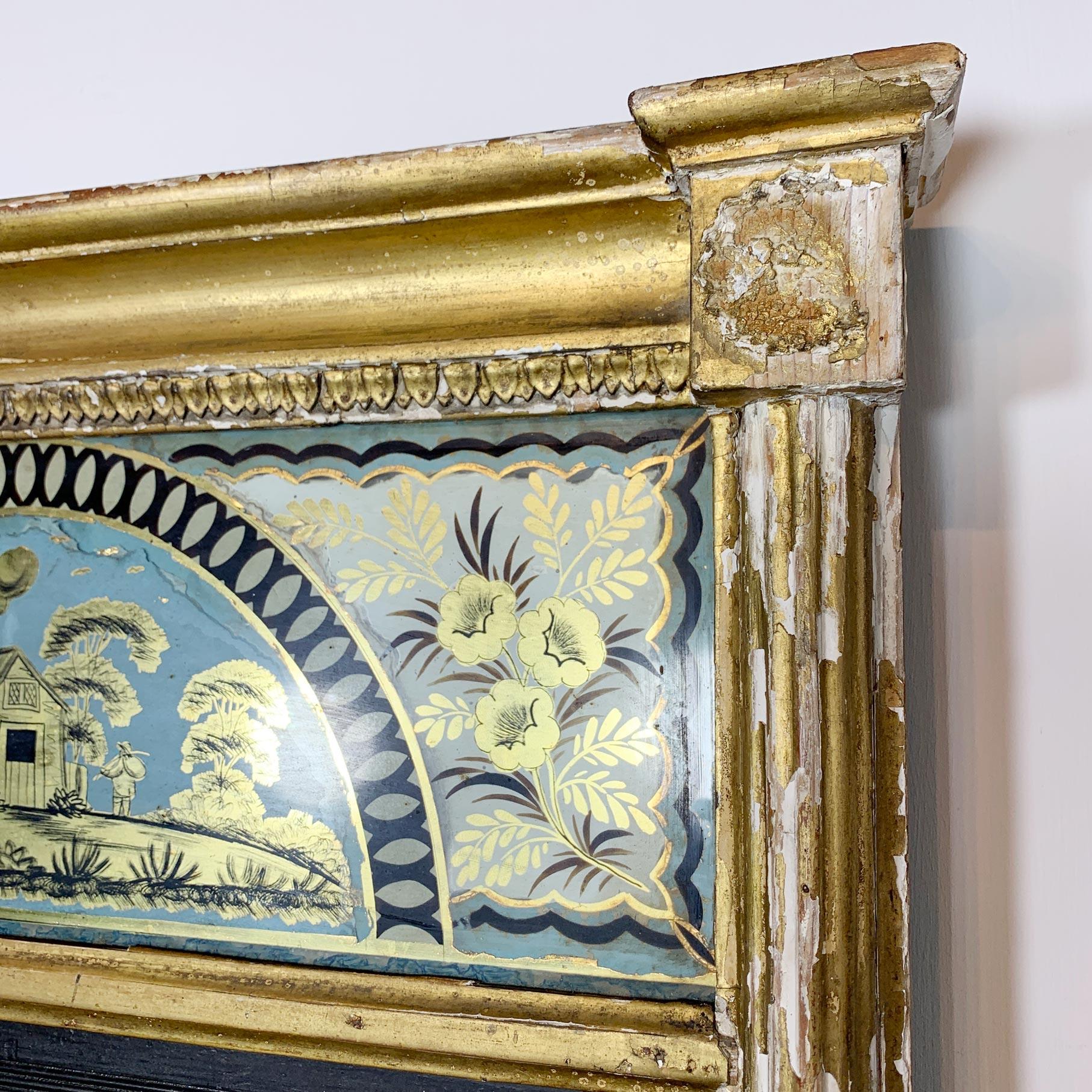 English Georgian Gold Gesso Wall Mirror with Verre Eglomise Gilded Glass Frieze For Sale
