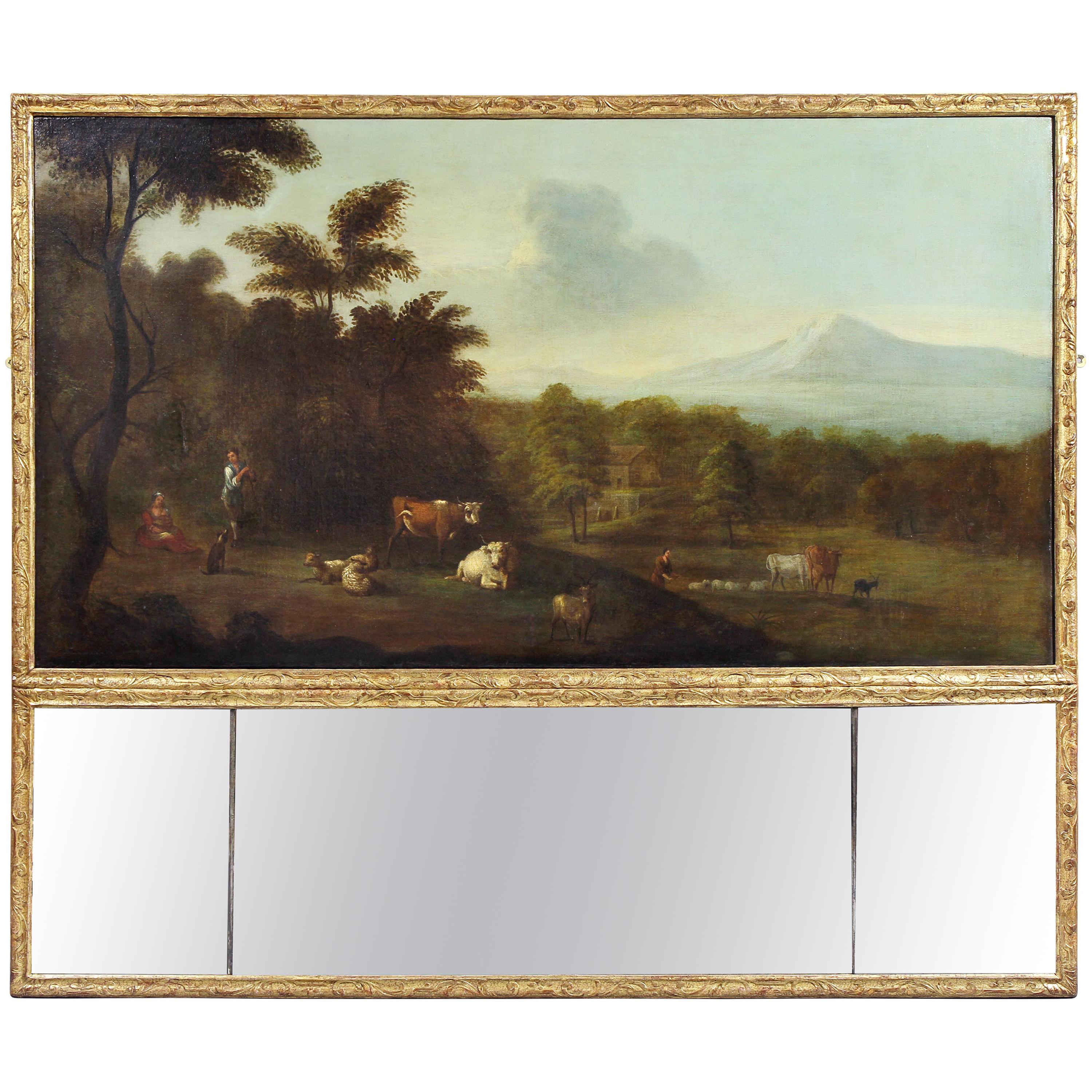 Georgian Giltwood Overmantle Mirror with Oil on Canvas Pastoral Scene Painting
