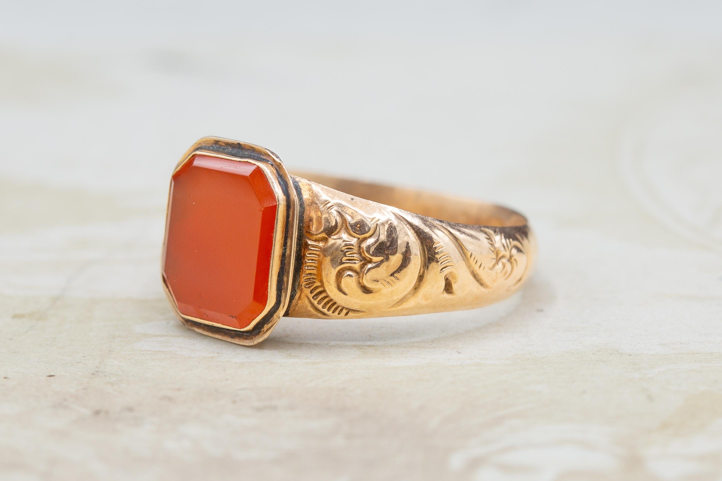 Octagon Cut Georgian Gold and Carnelian Signet Ring Large 19th Century Antique Seal Ring