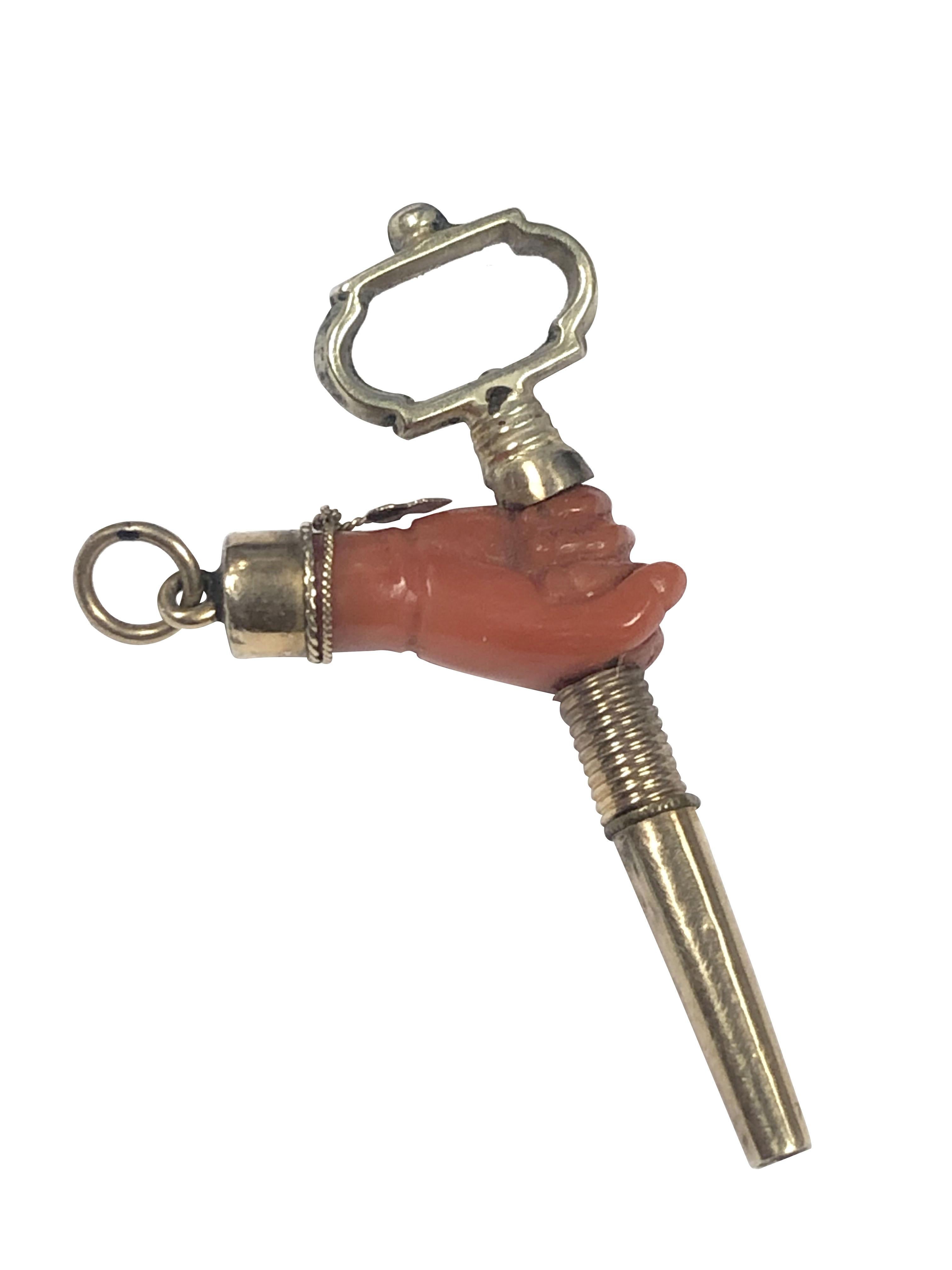 Cabochon Georgian Gold and Coral Hand form Pocket Watch Key For Sale