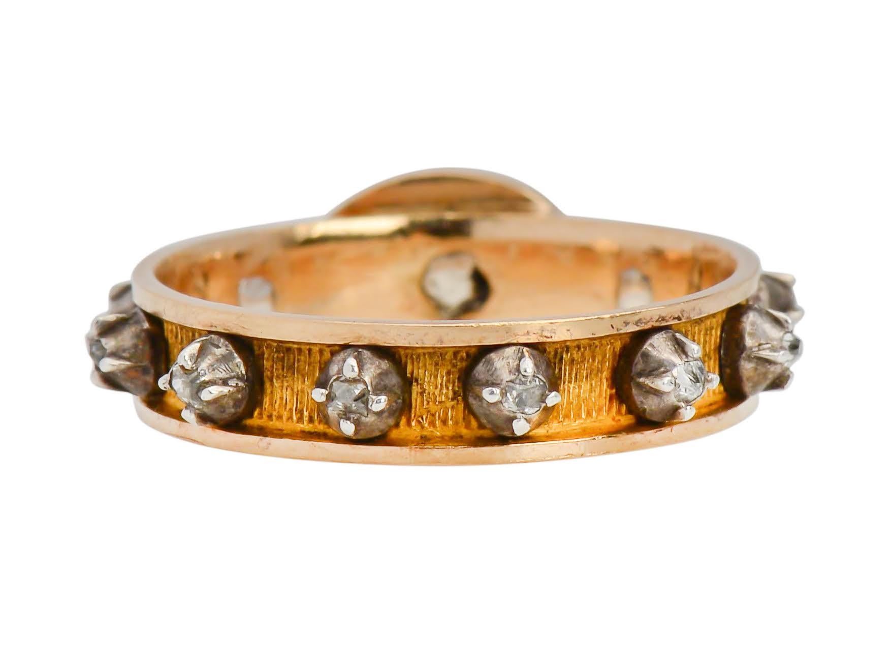 From Ancient times religious rings such as this Georgian Diamond Decade or Rosary Ring have been worn for prayer. This gold ring with a diamond cross on the face is a rare Georgian example.  it is made in 10k yellow gold and diamonds with ten small