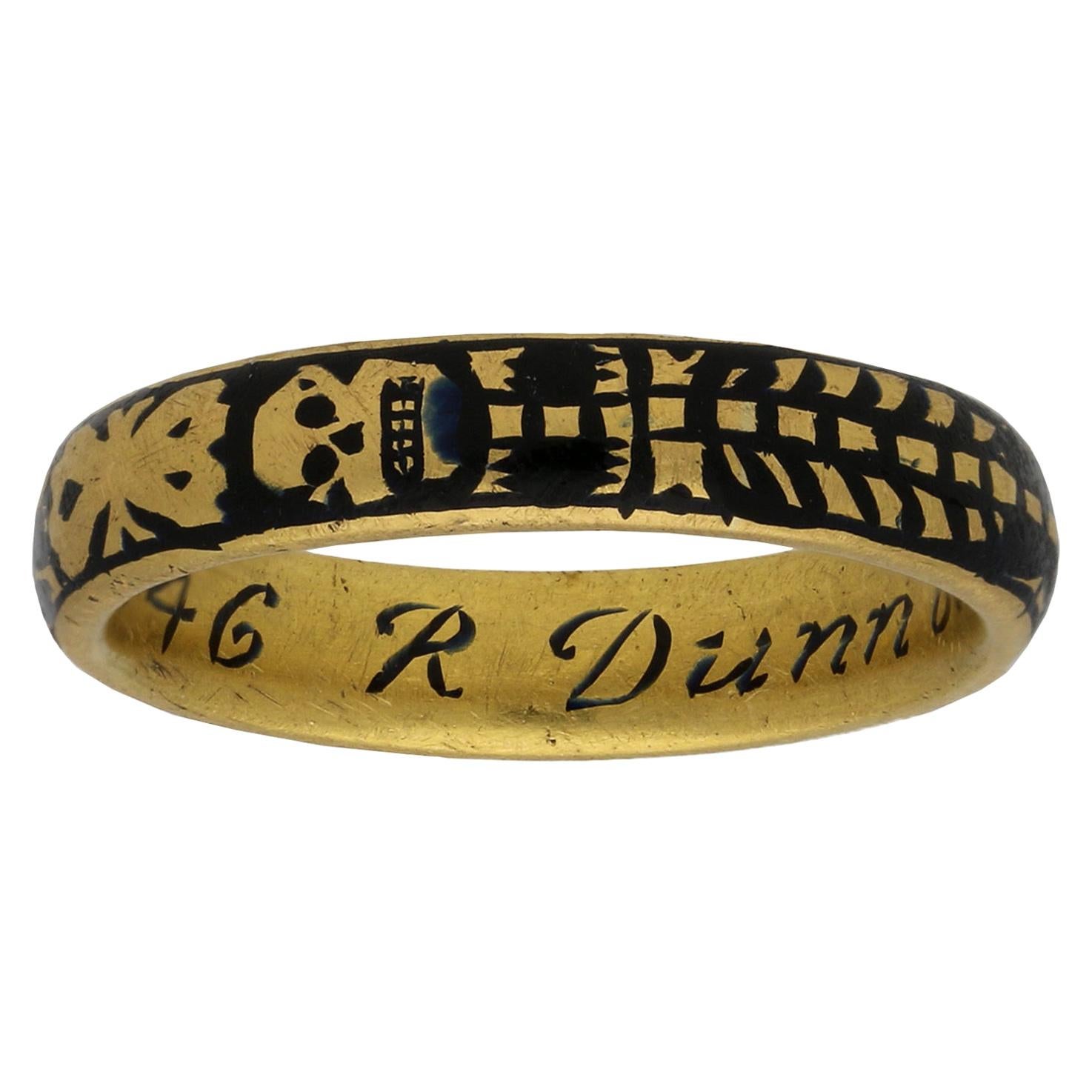 Georgianischer Gold- und Emaille-Gedenk-Skelett-Ring, um 1731