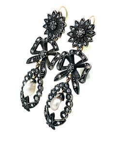 Georgian Gold and Silver, Rose Cut Diamonds and Pearl Day and Night Earrings