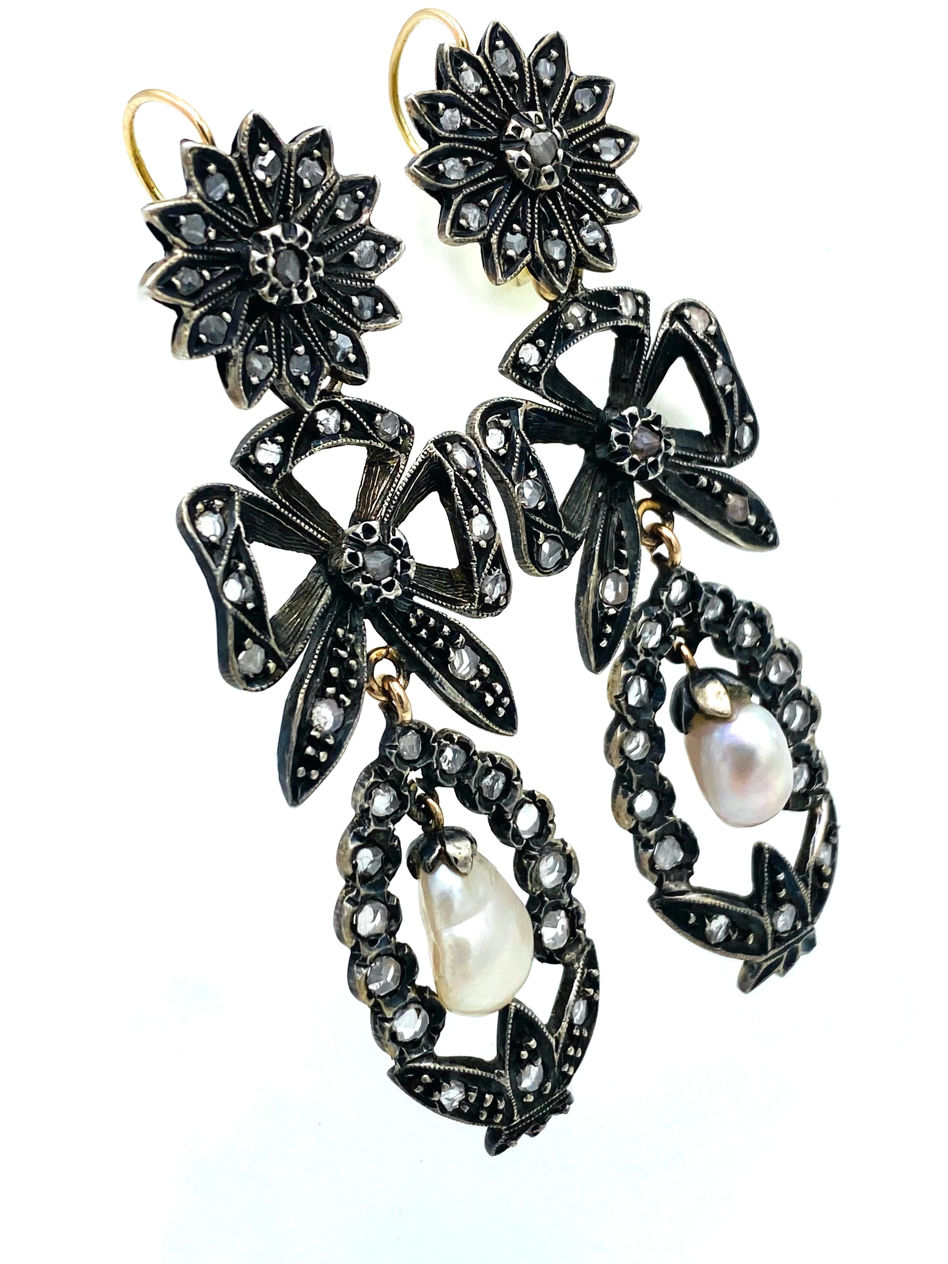 Pendientes Georgianos de Oro y Plata, Diamantes talla rosa y Perla Día y Noche Corte rosa en venta