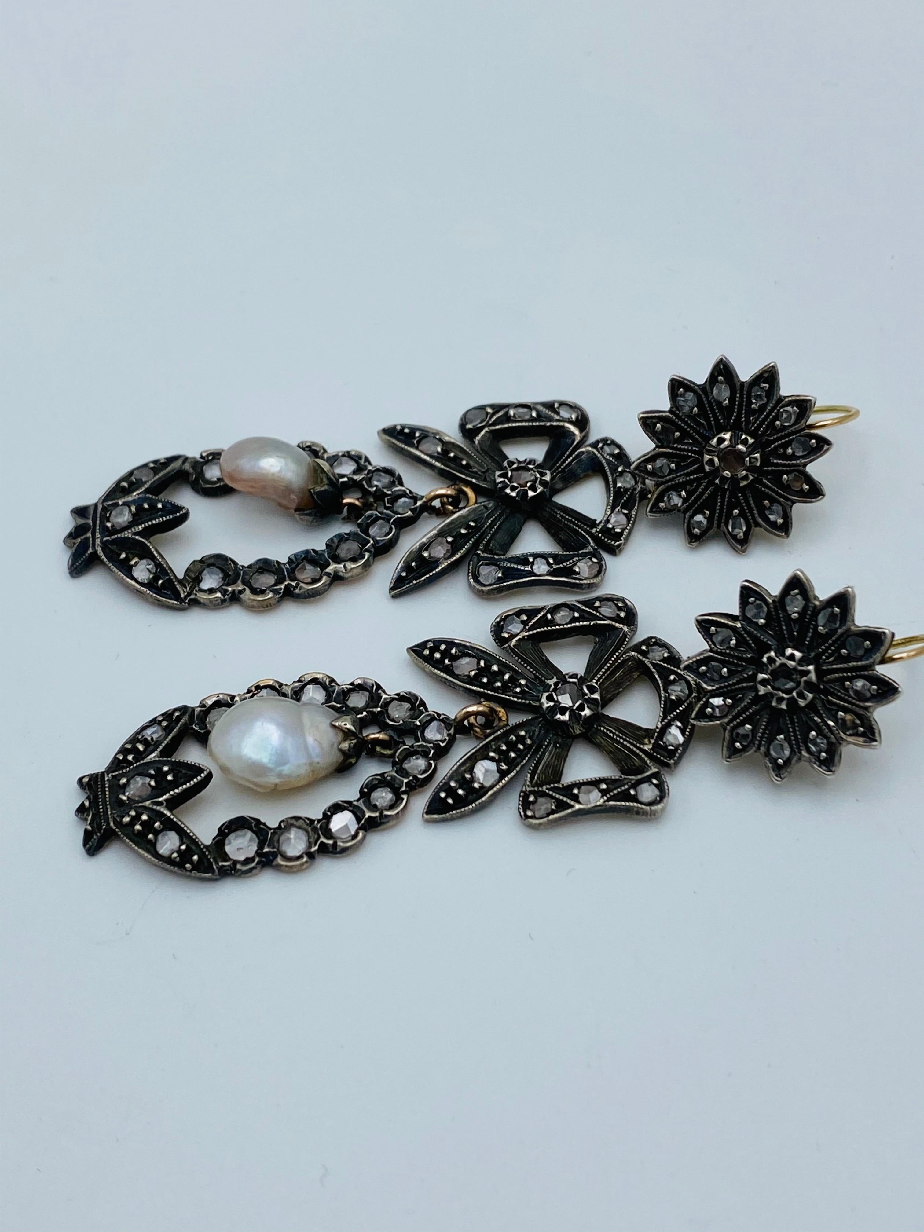 De las mujeres Pendientes Georgianos de Oro y Plata, Diamantes talla rosa y Perla Día y Noche en venta