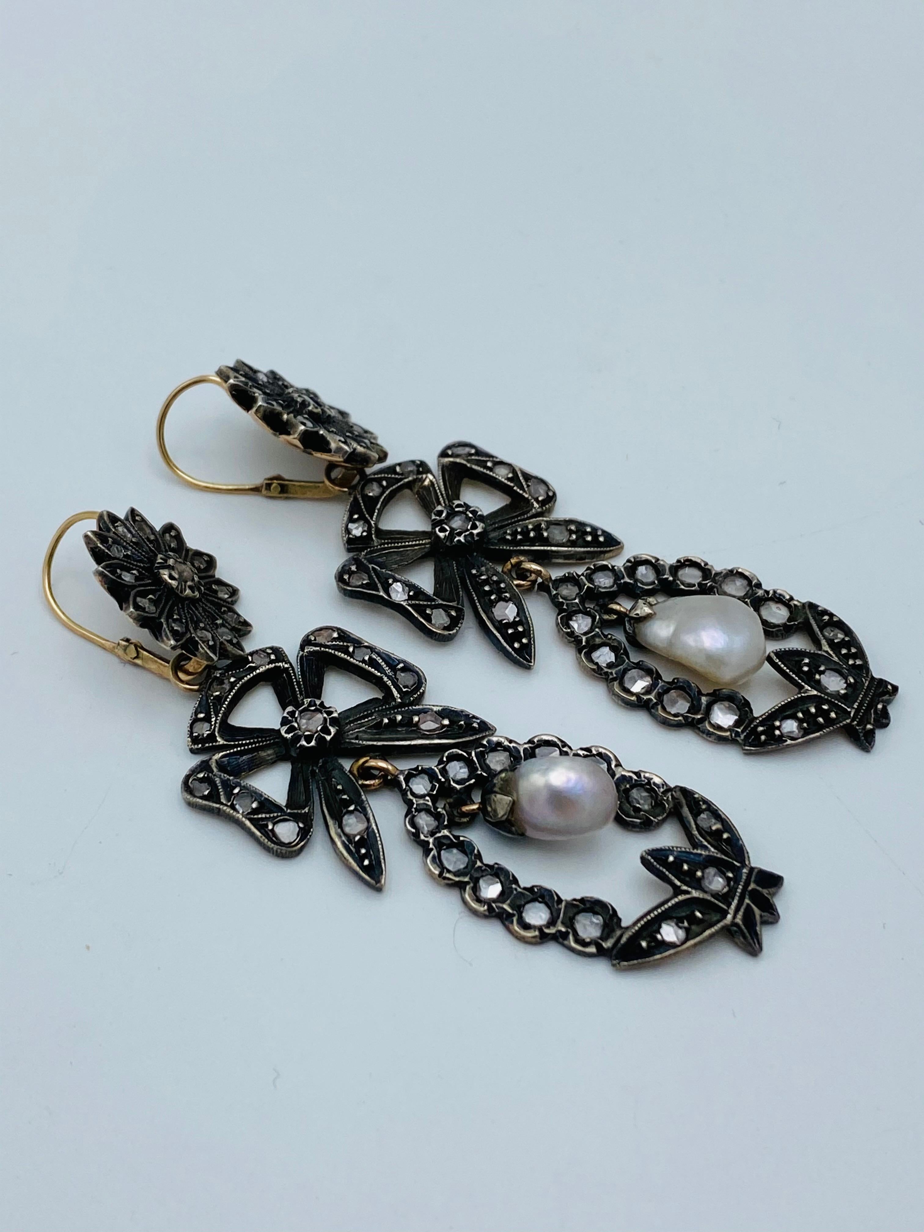 Pendientes Georgianos de Oro y Plata, Diamantes talla rosa y Perla Día y Noche en venta 1