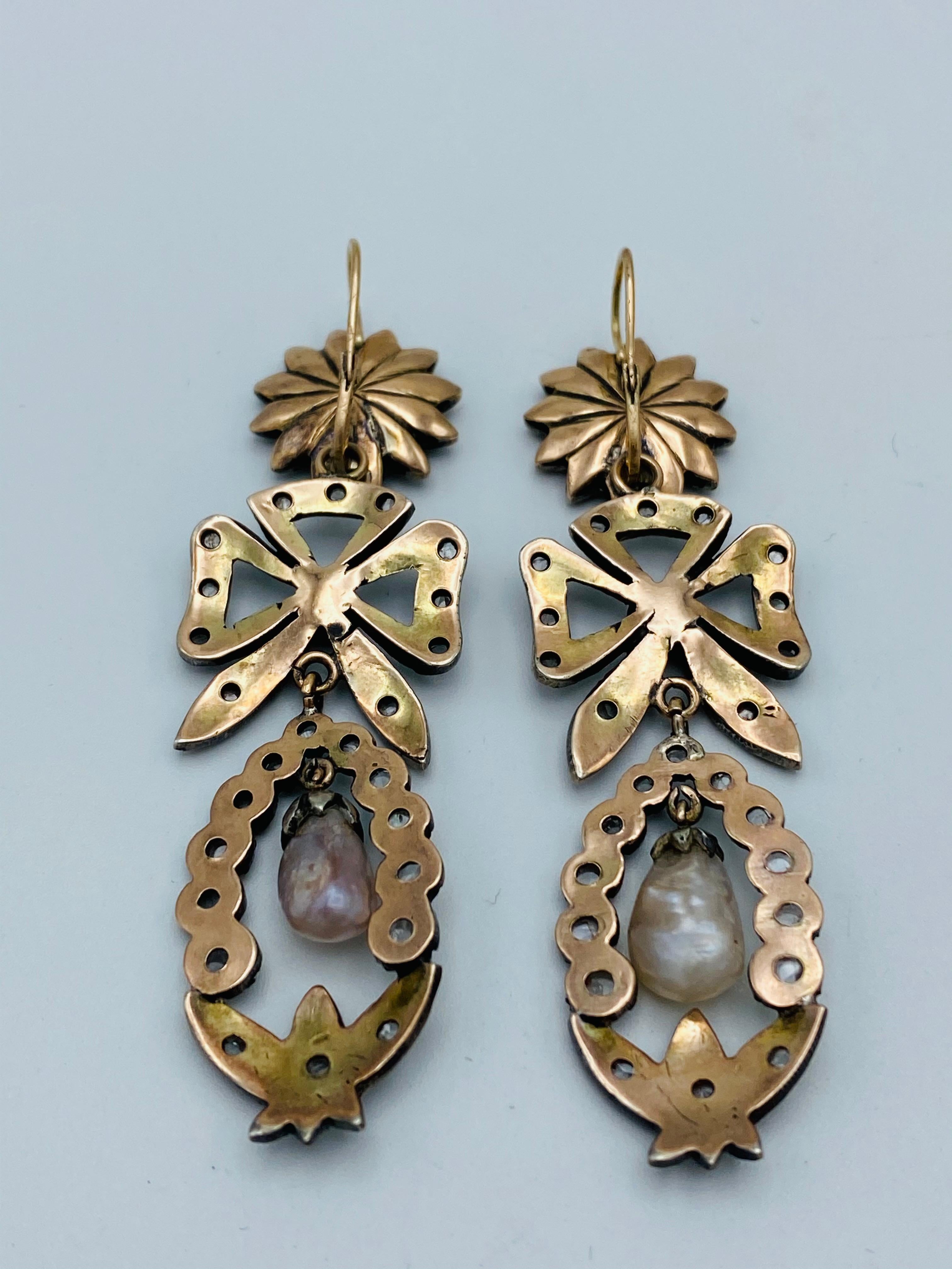 Georgian Gold and Silver, Rose Cut Diamonds and Pearl Day and Night Earrings  For Sale 3