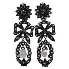 Georgian Gold and Silver, Rose Cut Diamonds and Pearl Day and Night Earrings