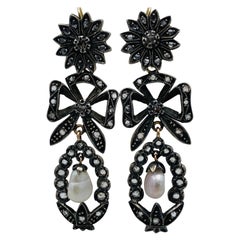 Boucles d'oreilles de jour et de nuit en or et argent de style géorgien, avec diamants taille rose et perles 