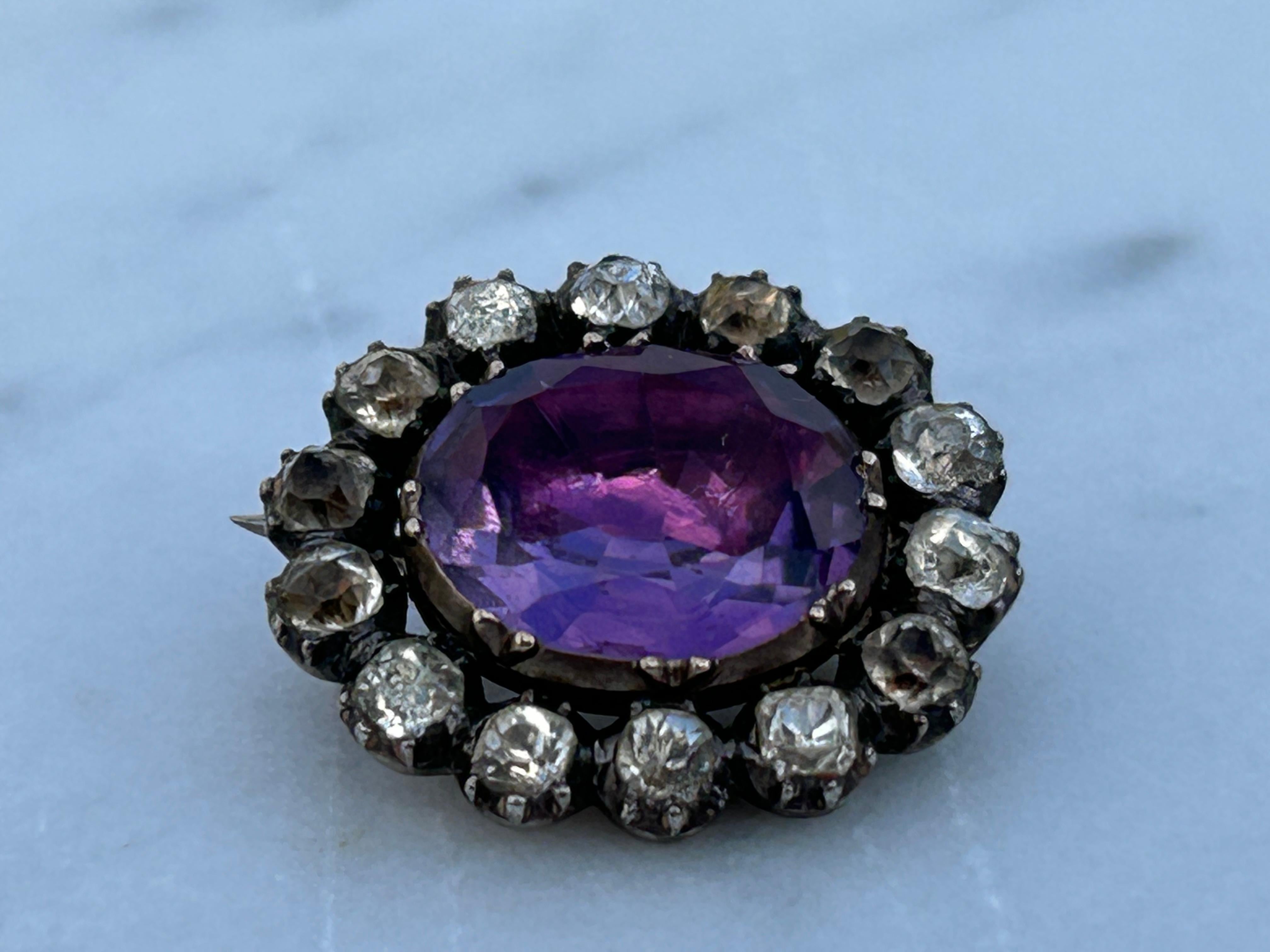 Women's Georgian Gold Backed and Silver Set Amethyst and Colorless Paste Oval Brooch