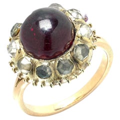 Georgian Gold Cabochon Garnet and Rose Cut Diamond Cluster Ring