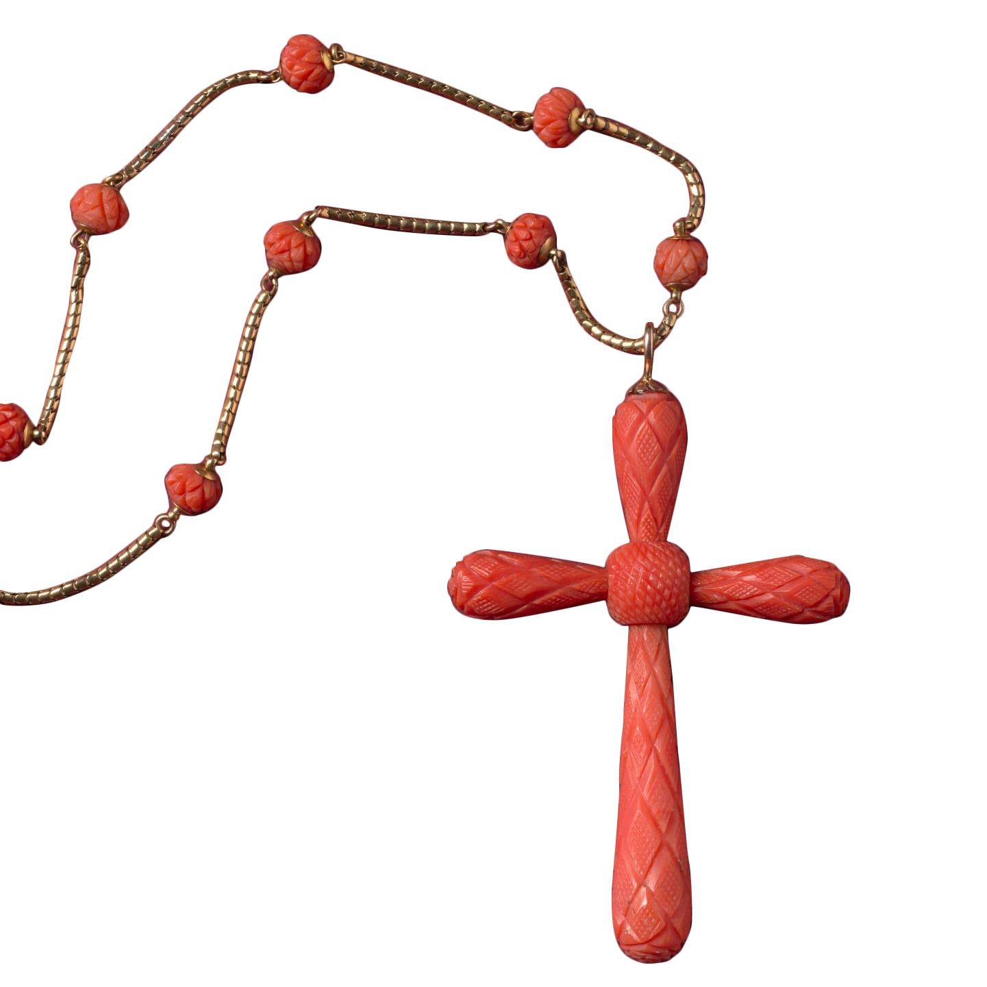 Georgian Gold Chain with a Cross of Carved Coral