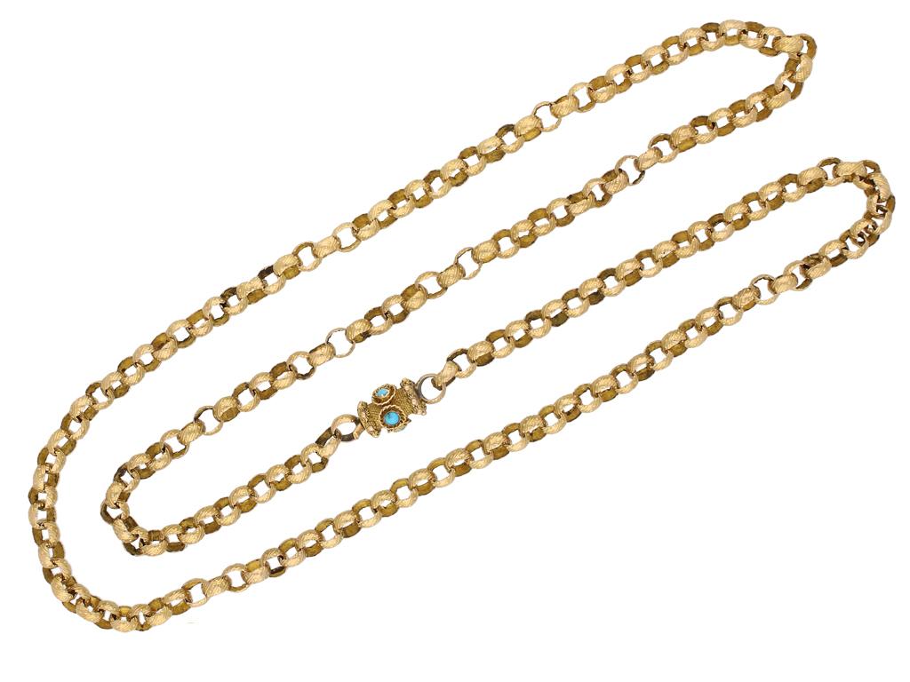 Cabochon Georgian gold chain with turquoise set clasp, English, circa 1780. For Sale