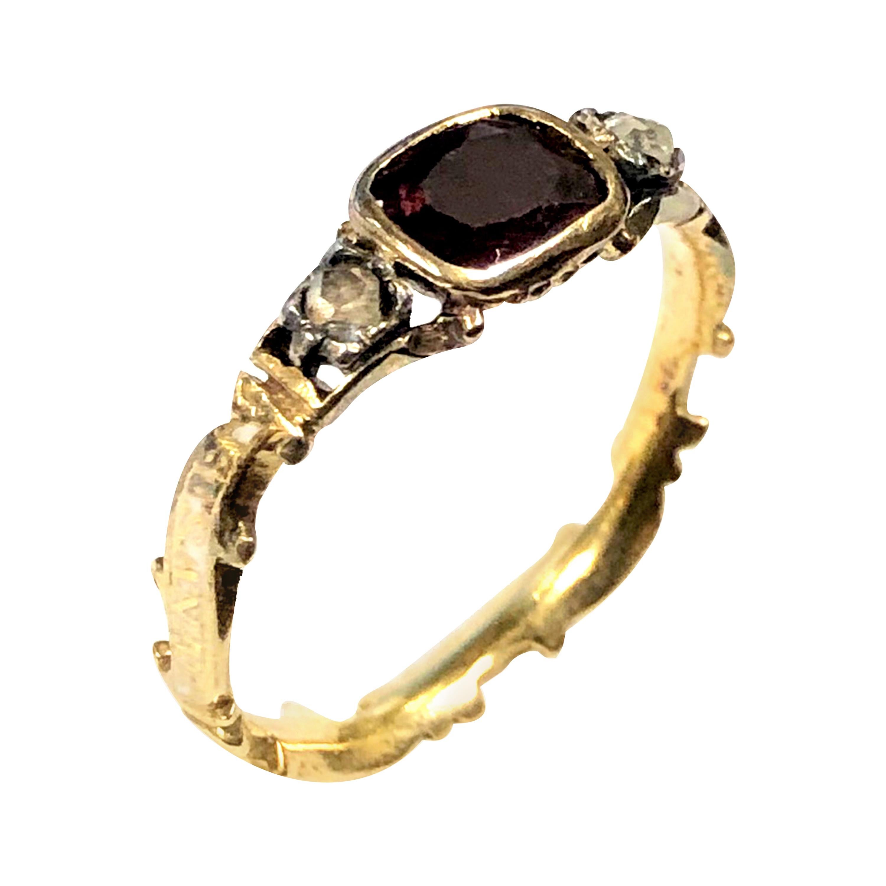 Georgian Gold Enamel Garnet and Diamond Marriage Ring