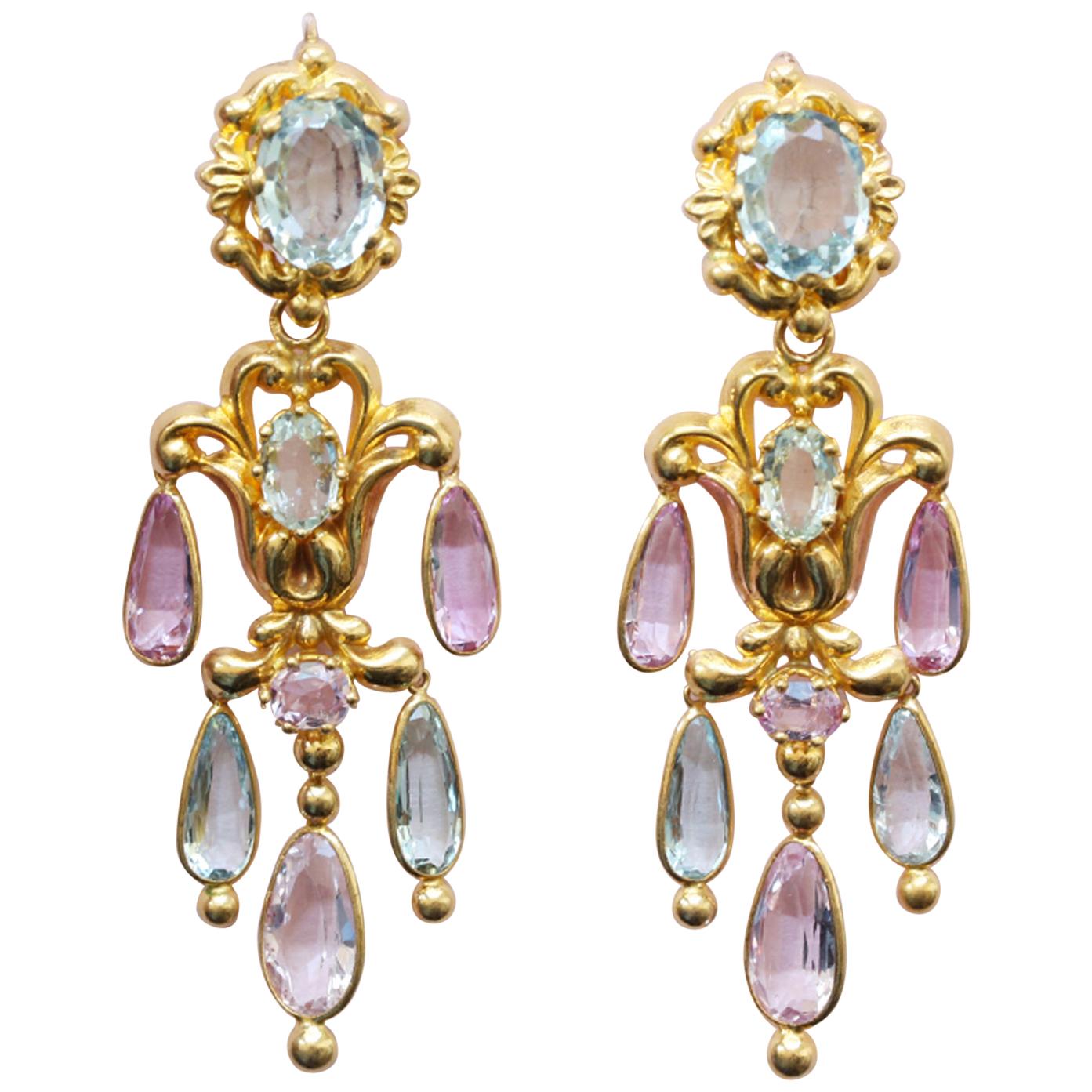 Georgian Gold Girandole Aquamarine Pink Topaz 18 Karat Gold Dangle Drop Earrings