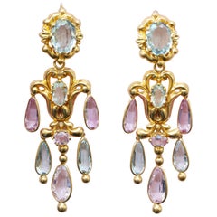 Pendants d'oreilles en goutte en or 18 carats avec aigue-marine, aigue-marine et topaze rose, style géorgien