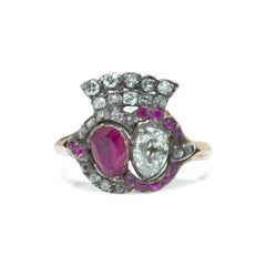 Georgian Gold Natural Ruby and Diamond Cluster Ring