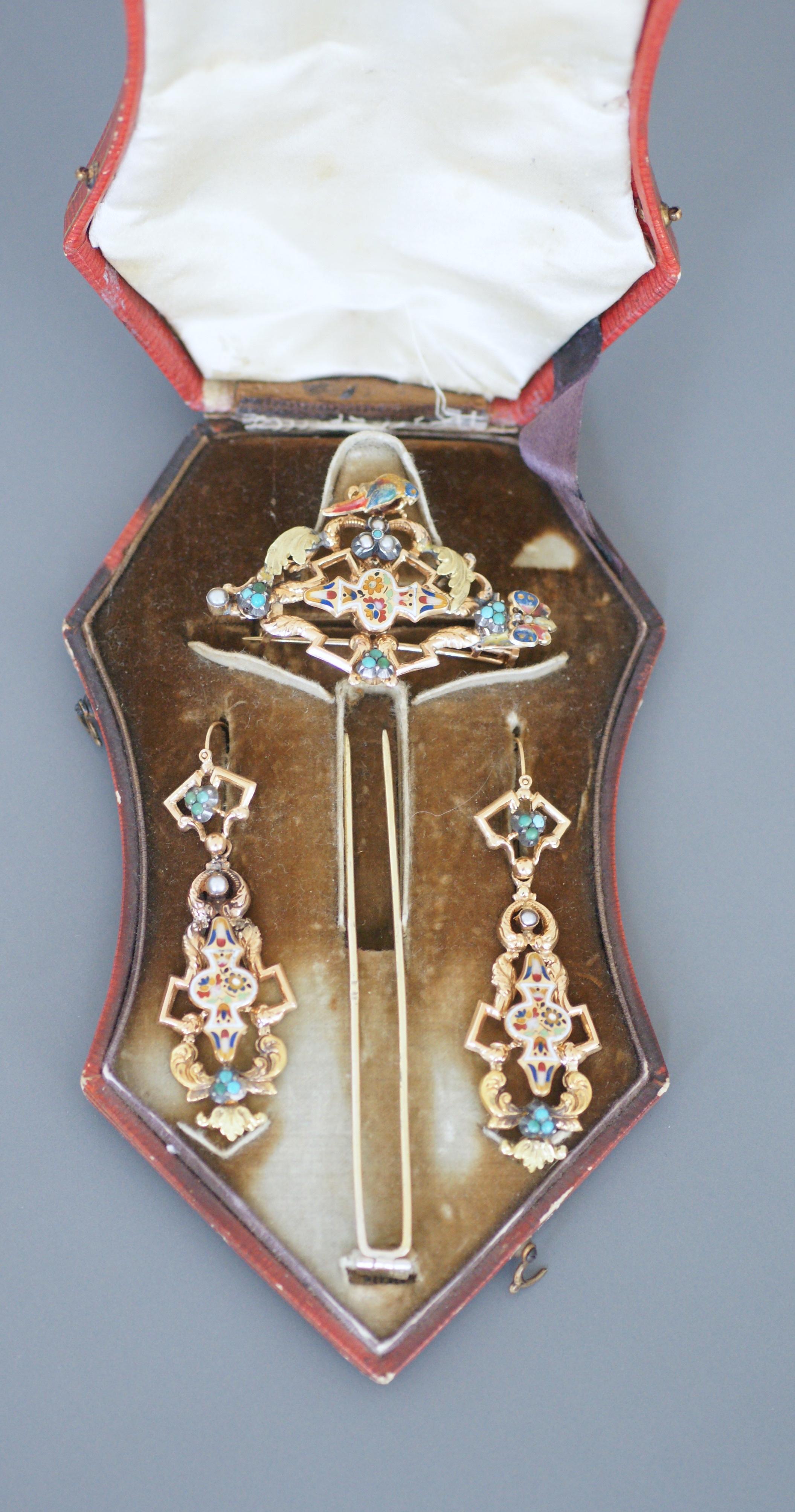 Georgian Gold Parure, Convertible Brooch Hairpin and Earrings with Turquoises In Good Condition For Sale In PARIS, FR