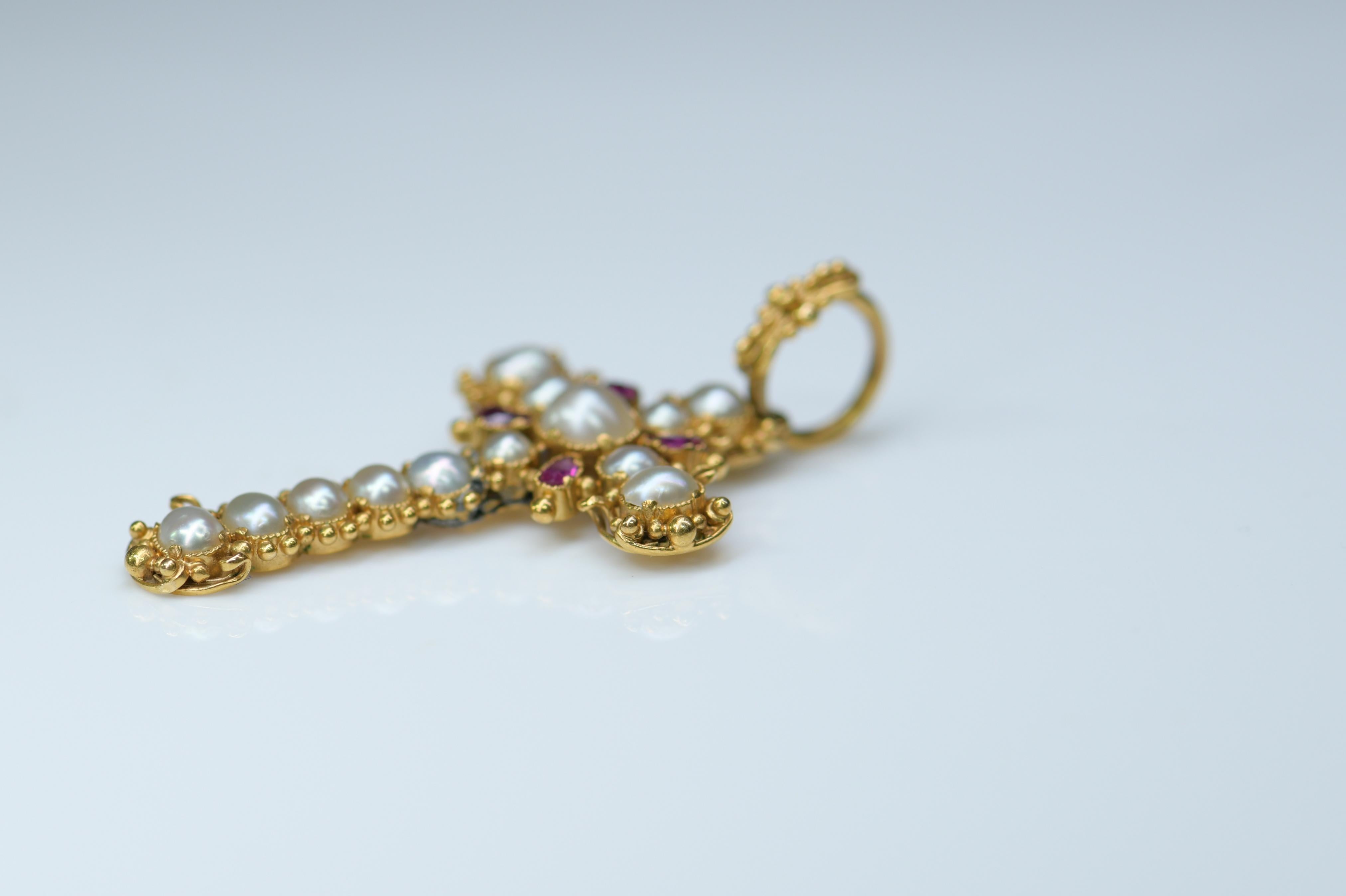 Women's or Men's Georgian Gold Ruby and Pearl Cross Pendant