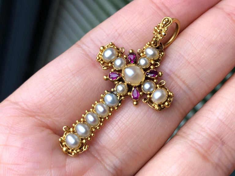 Georgian Gold Ruby and Pearl Cross Pendant at 1stDibs