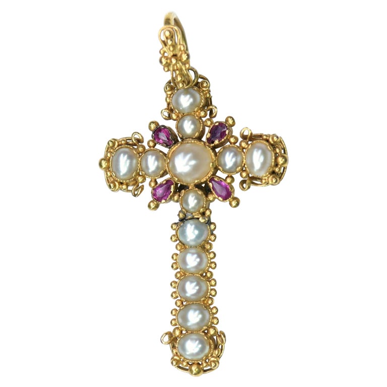 Georgian Gold Ruby and Pearl Cross Pendant at 1stDibs