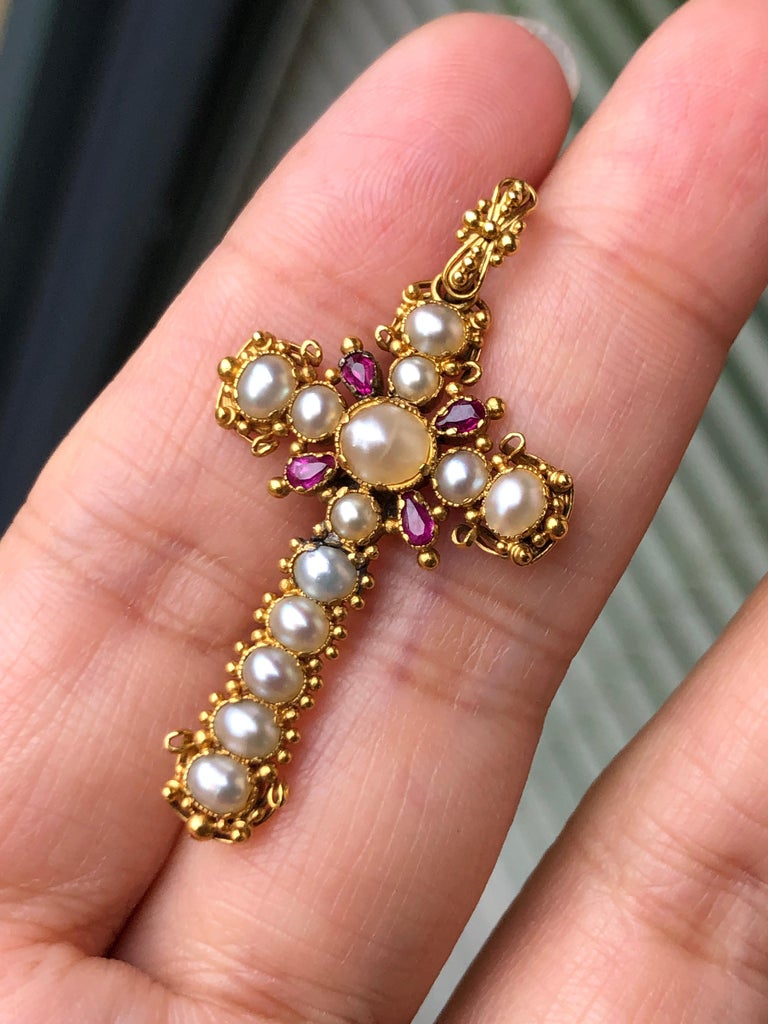 Georgian Gold Ruby and Pearl Cross Pendant at 1stDibs