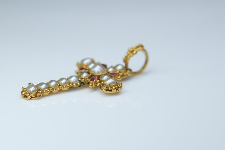 Georgian Gold Ruby and Pearl Cross Pendant at 1stDibs