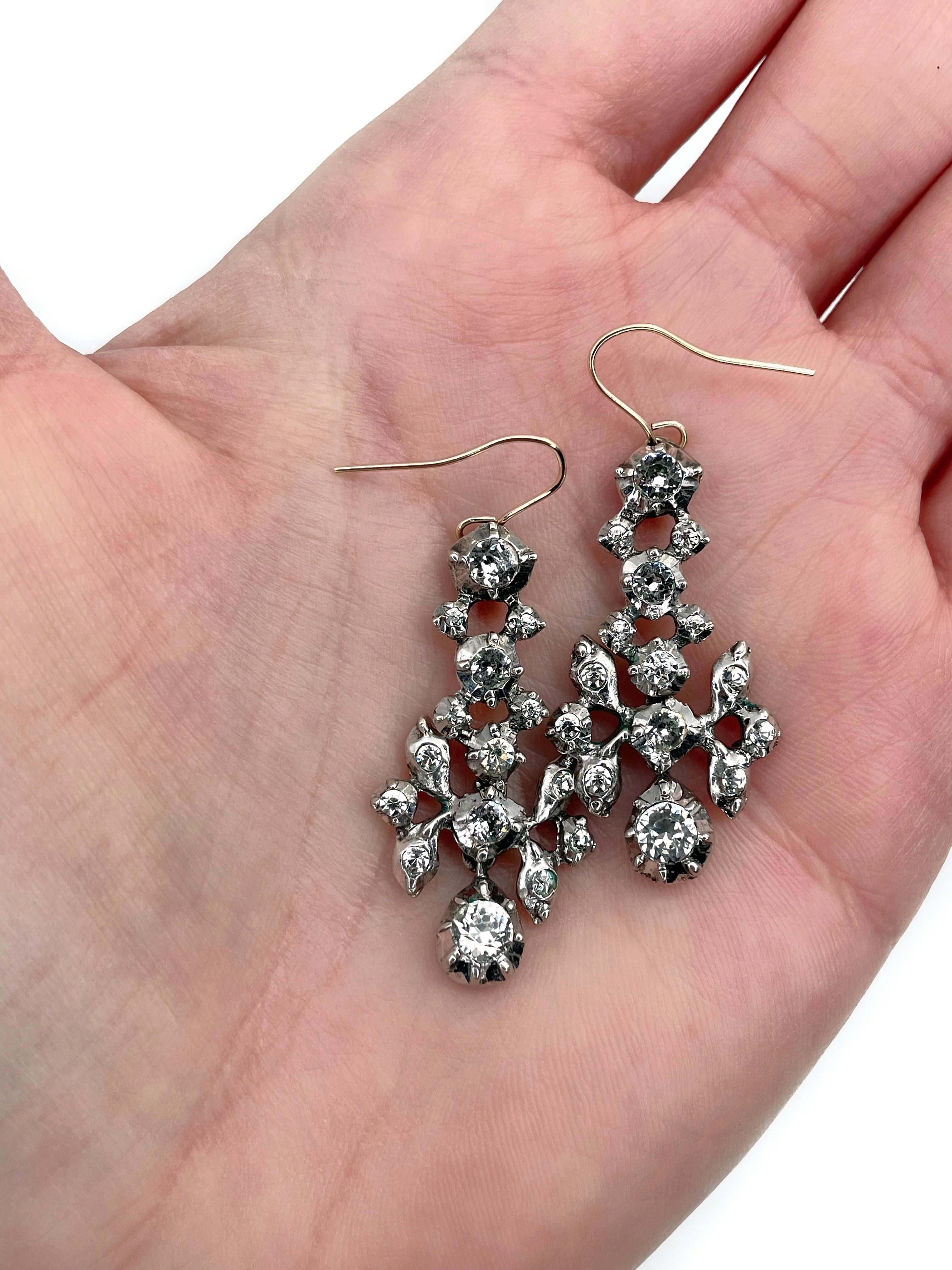 Georgian Gold Silver Clear Paste Drop Dangle Earrings In Good Condition In Vilnius, Vilniaus apskr.