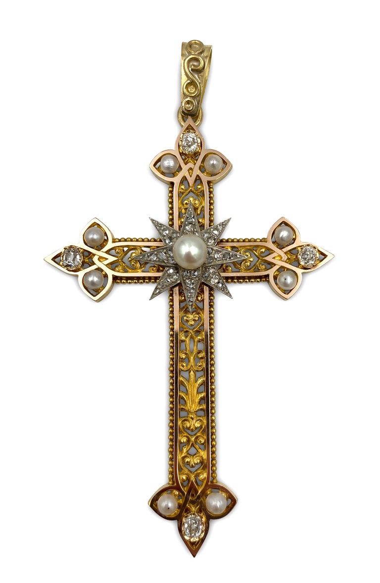 Georgian Gold Silver Diamond Pearl Cross Pendant at 1stDibs | georgian ...