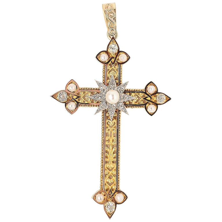 Georgian Gold Silver Diamond Pearl Cross Pendant at 1stDibs | georgian ...