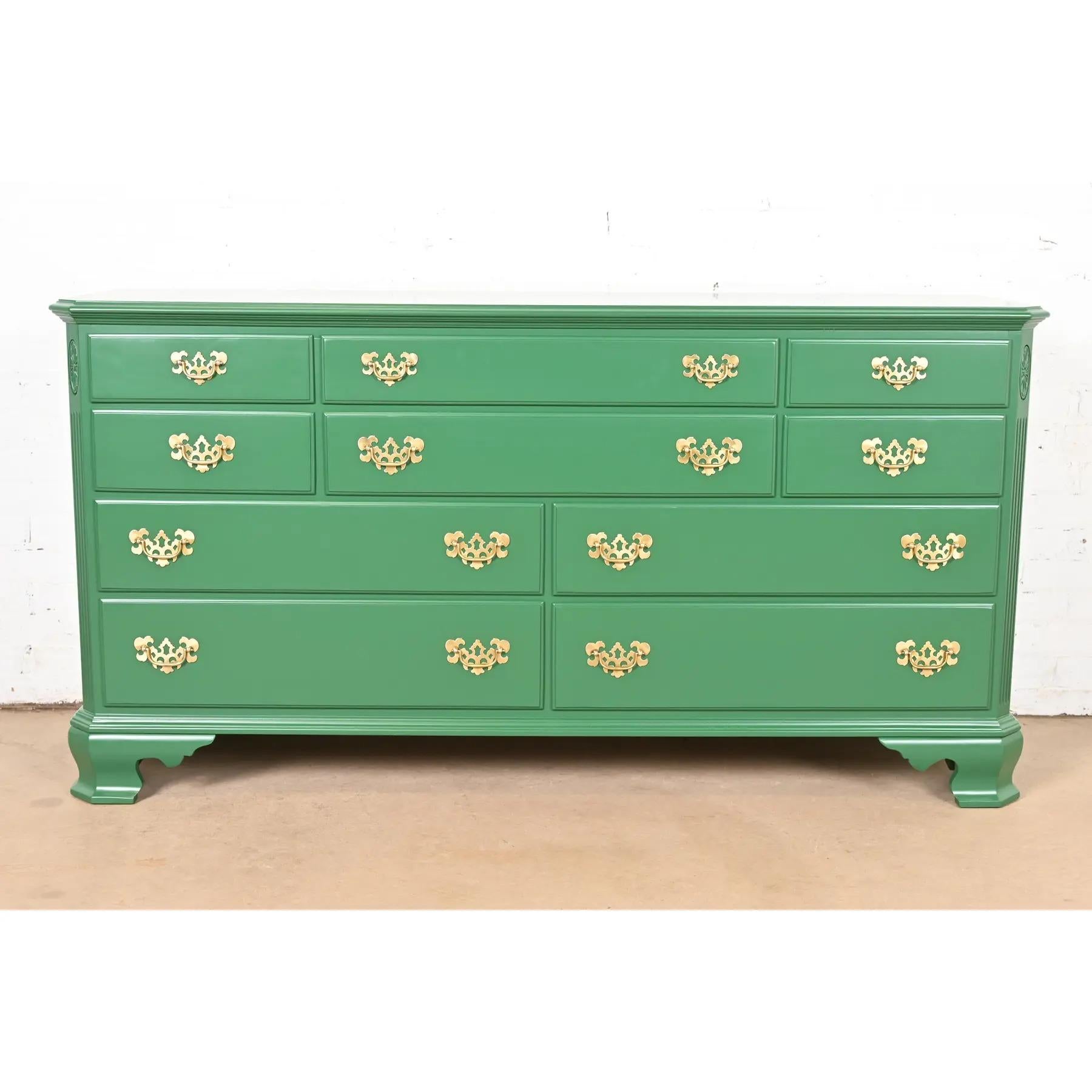 American Georgian Green Lacquered Dresser or Credenza, Newly Refinished For Sale