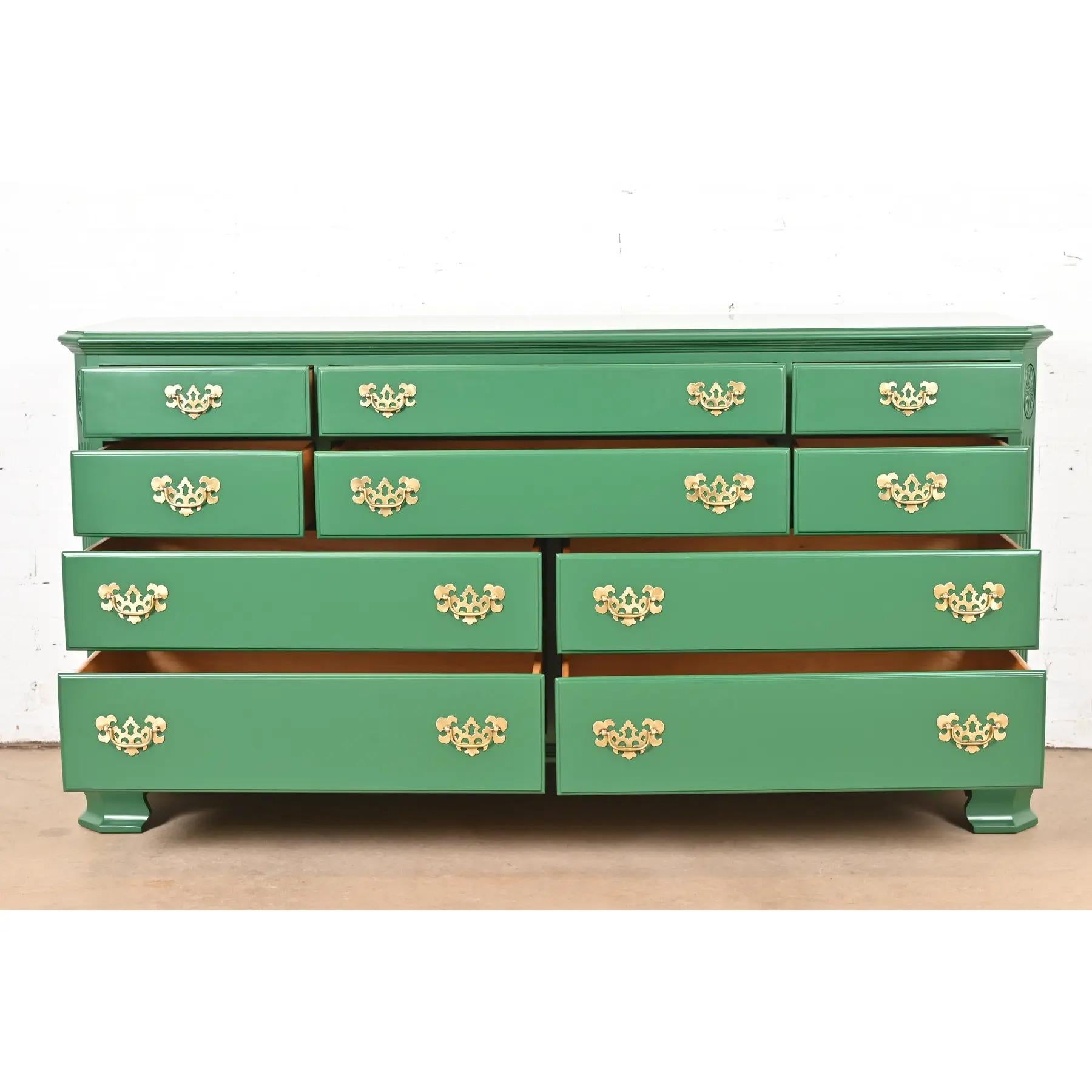 Brass Georgian Green Lacquered Dresser or Credenza, Newly Refinished For Sale