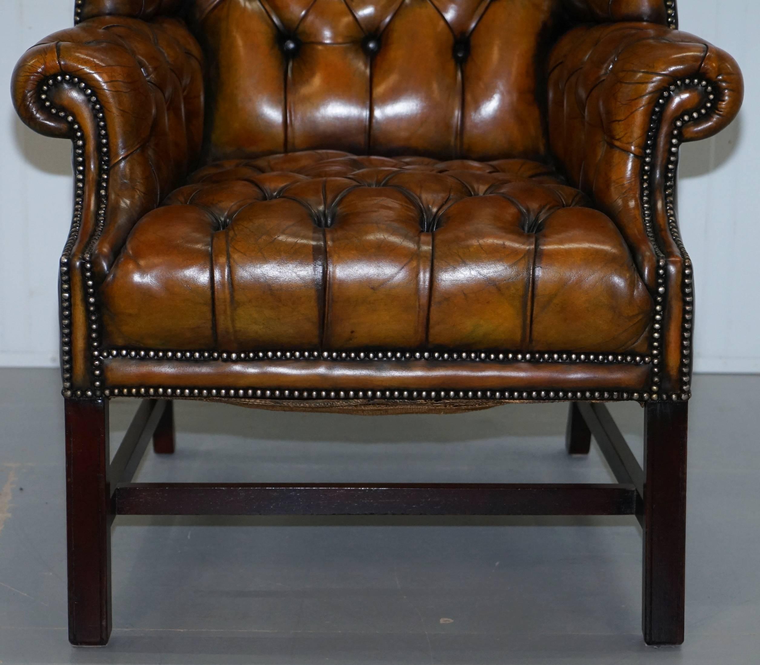 Georgian H-Framed Chesterfield Fully Buttoned Wingback Brown Leather Armchair 5