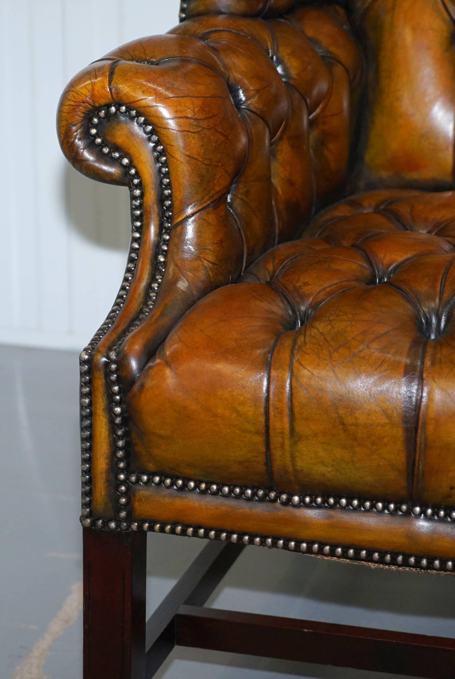 Georgian H-Framed Chesterfield Fully Buttoned Wingback Brown Leather Armchair 6