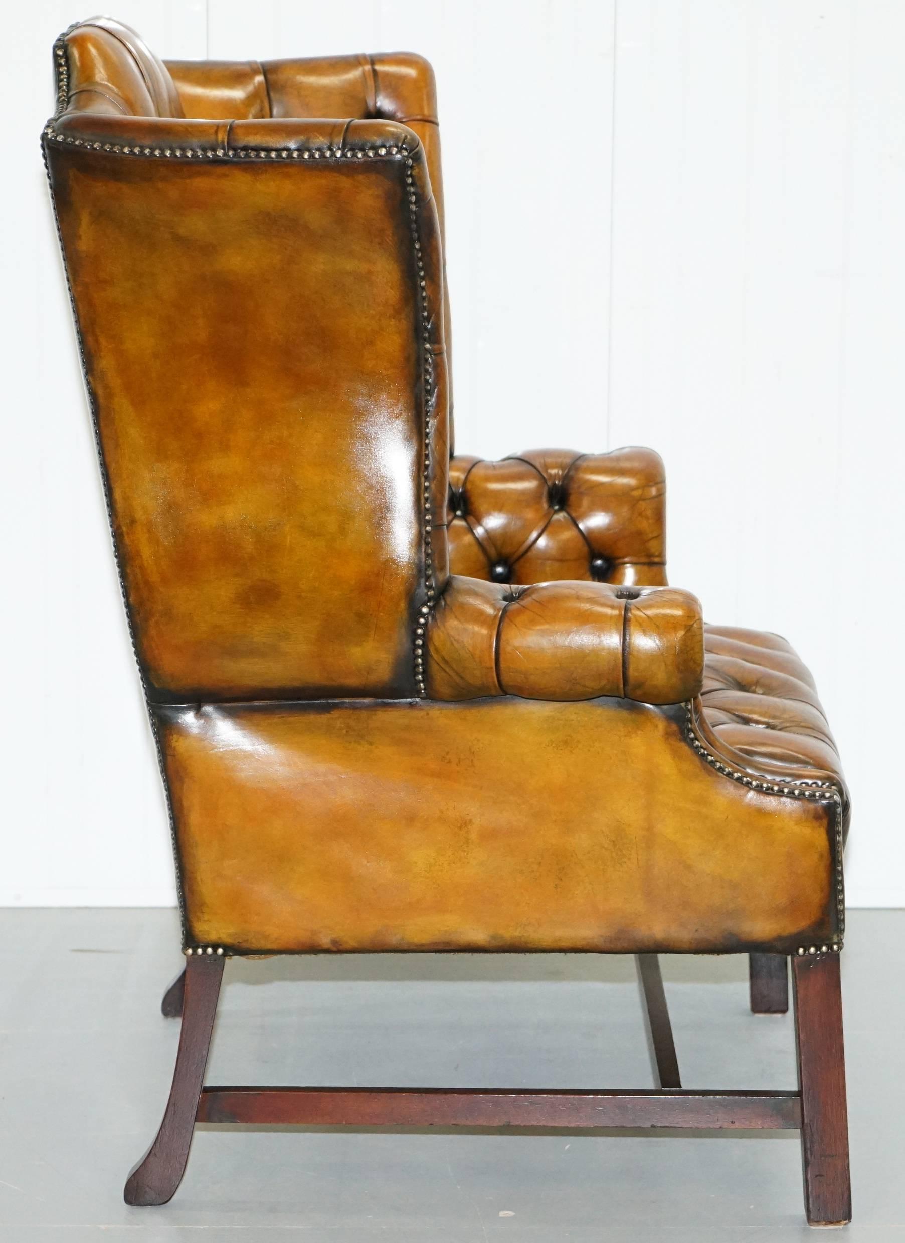 Georgian H-Framed Chesterfield Fully Buttoned Wingback Brown Leather Armchair 7