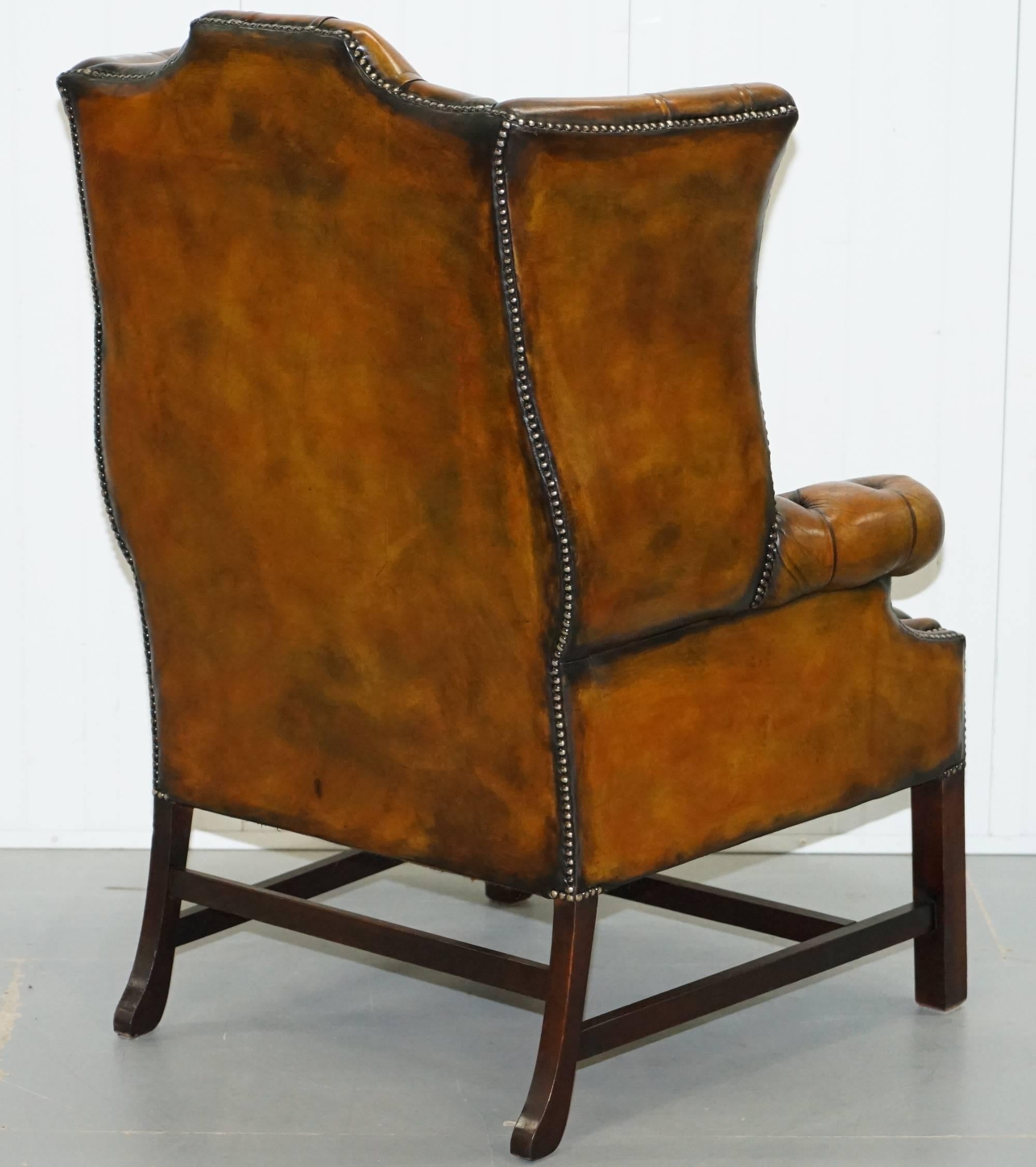 Georgian H-Framed Chesterfield Fully Buttoned Wingback Brown Leather Armchair 8