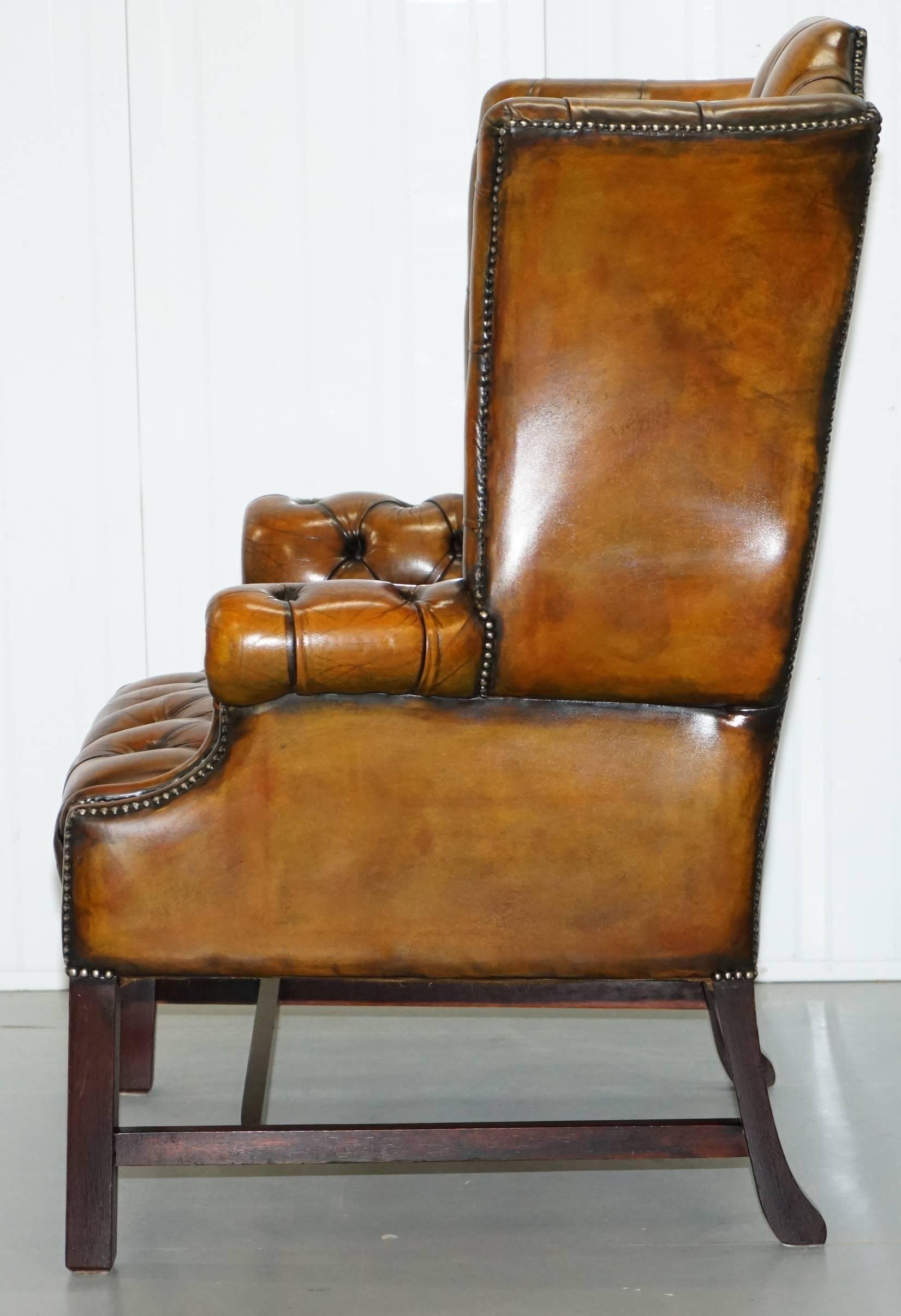 Georgian H-Framed Chesterfield Fully Buttoned Wingback Brown Leather Armchair 11
