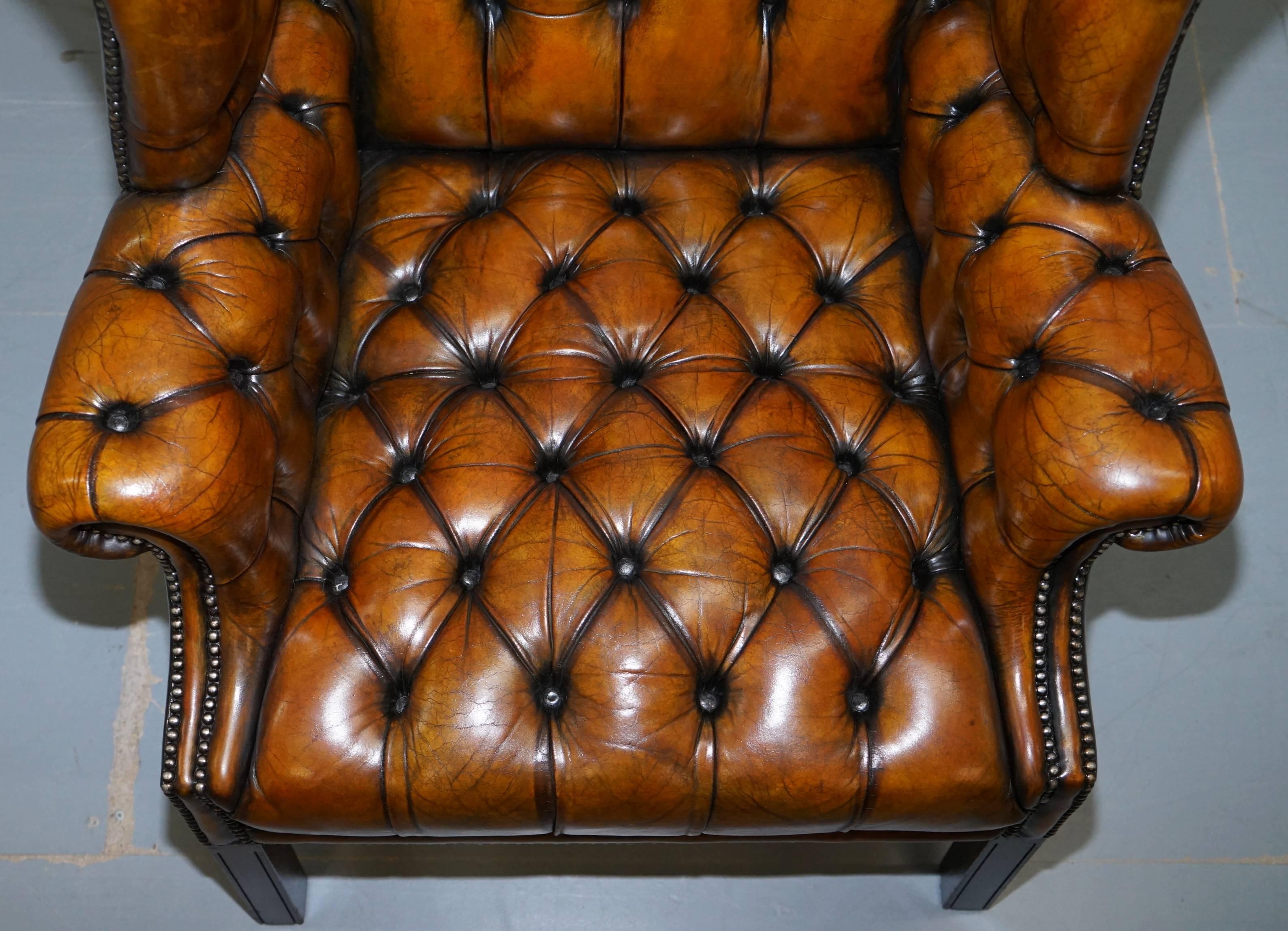 British Georgian H-Framed Chesterfield Fully Buttoned Wingback Brown Leather Armchair