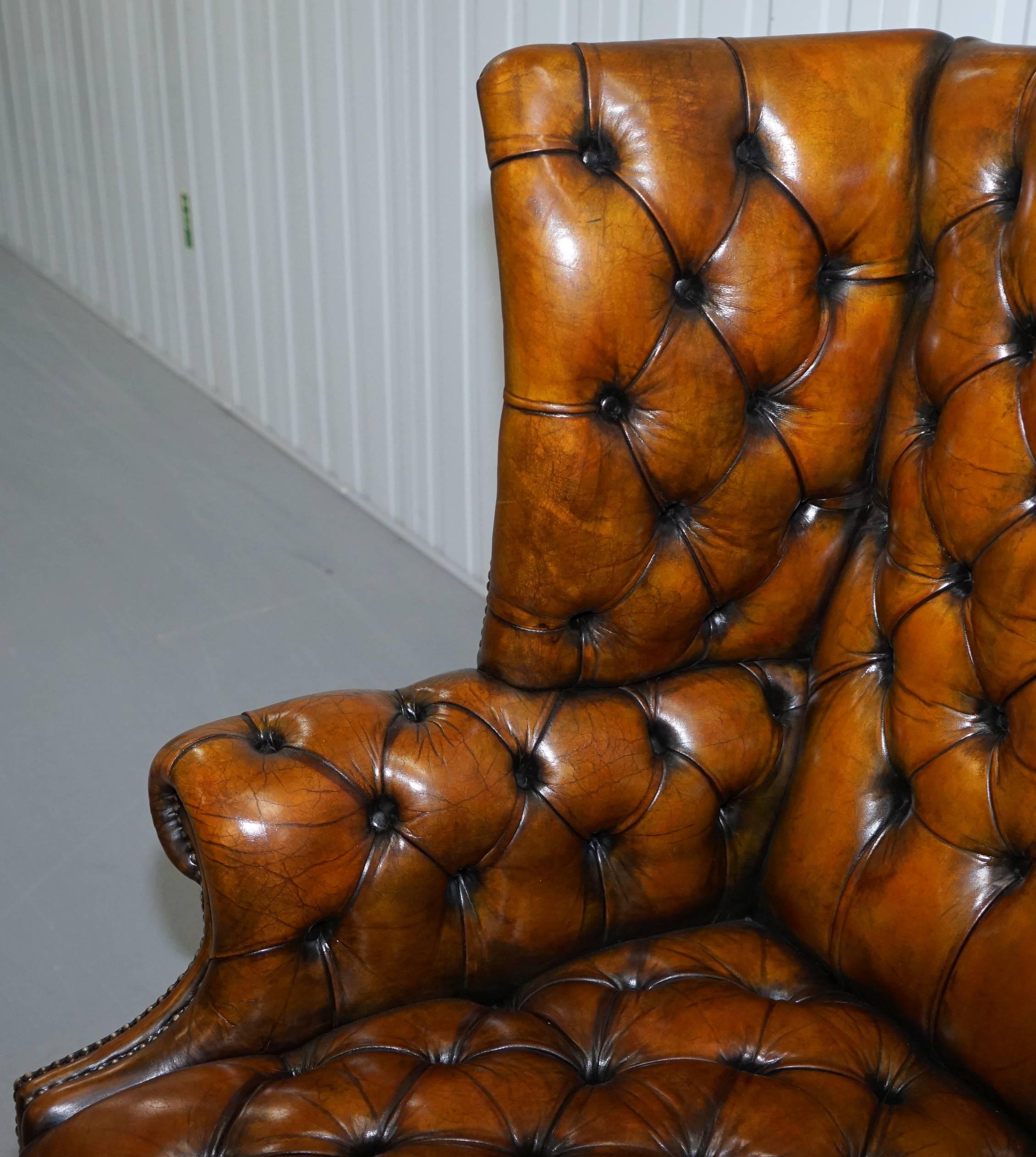 20th Century Georgian H-Framed Chesterfield Fully Buttoned Wingback Brown Leather Armchair