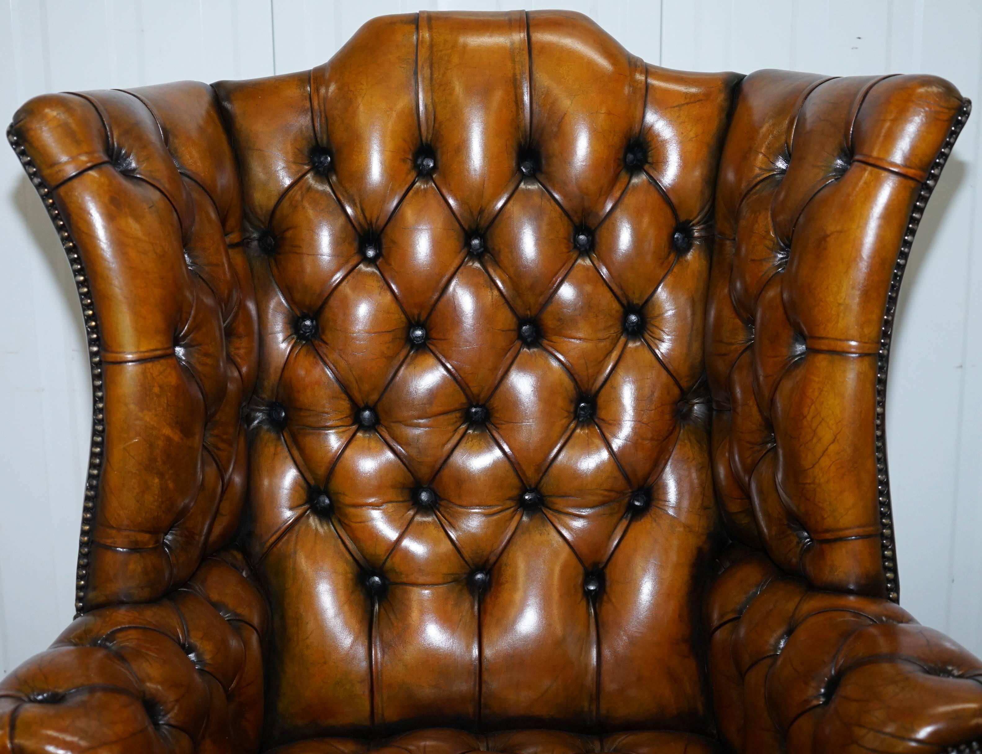 Georgian H-Framed Chesterfield Fully Buttoned Wingback Brown Leather Armchair 1