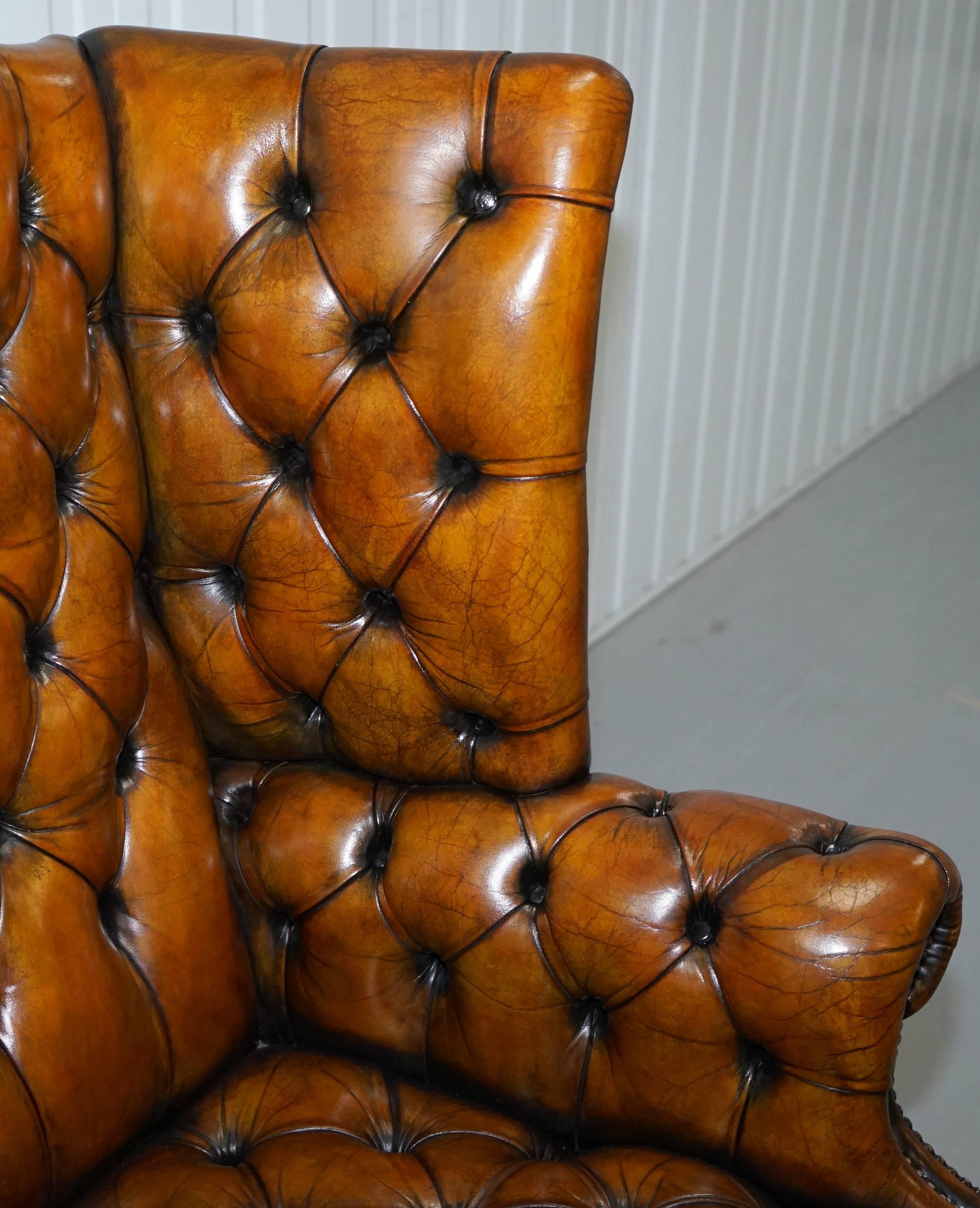 Georgian H-Framed Chesterfield Fully Buttoned Wingback Brown Leather Armchair 2