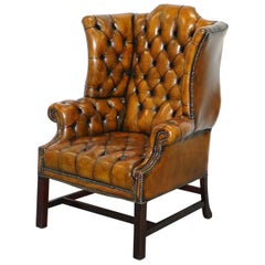 Vintage Georgian H-Framed Chesterfield Fully Buttoned Wingback Brown Leather Armchair