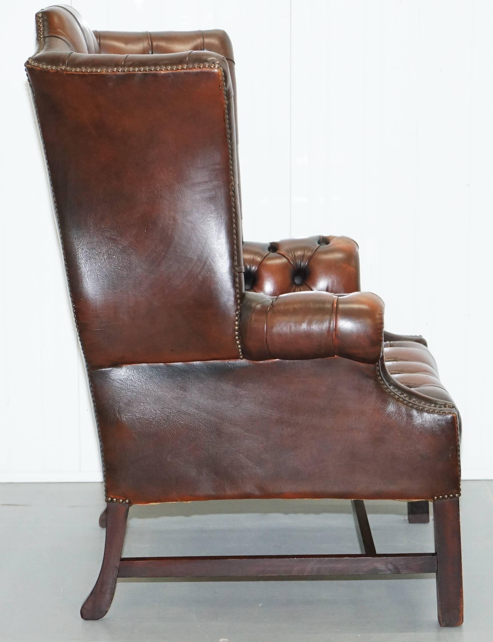 Georgian H Framed Chesterfield Wingback Brown Leather Armchair and Footstall 6